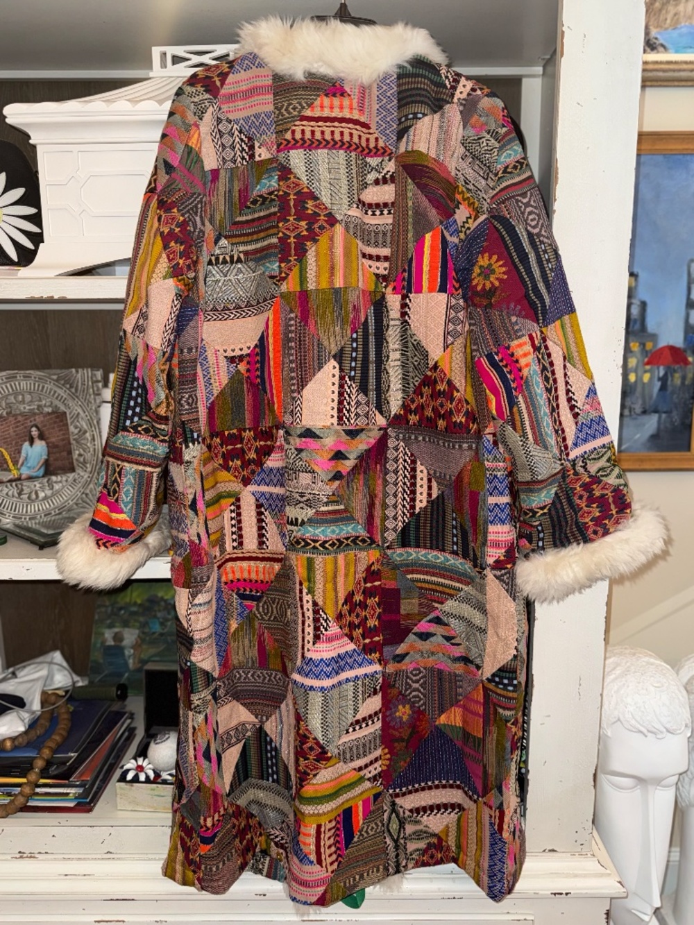 Free People Small S Caravan dream patchwork long coat faux fur trim - Picture 7 of 7